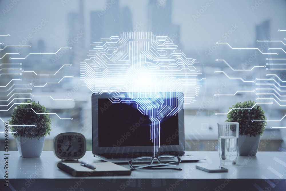 Poster Double exposure of desktop with computer and brain drawing hologram. Artificial intelligence concept.