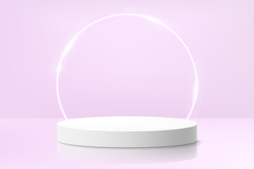 Realistic white 3D cylinder pedestal podium with glowing neon ring backdrop on purple background. White minimal wall scene for product display presentation. Vector geometric rendering platform .