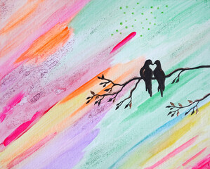 Drawing of bright landscape, rainbow rain, black birds sit on branch. Valentines. Picture contains interesting idea, evokes emotions, aesthetic pleasure. Canvas stretched. Concept art painting texture