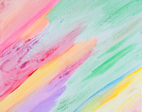 Drawing of bright neon paint spots, spilled waves of bright green, pink color. Picture contains interesting idea, evokes emotions, aesthetic pleasure. Canvas stretched. Concept art painting texture