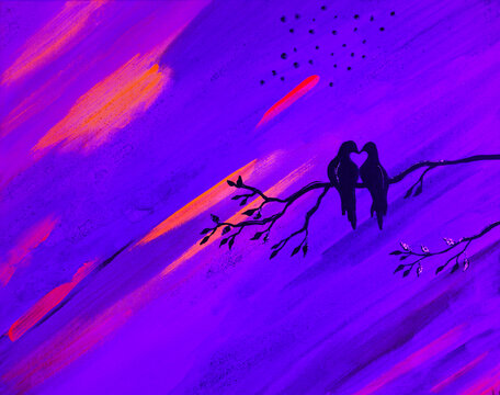 Drawing of bright night sky, romantic evening. Two birds in love. St Valentines. Picture contains interesting idea, evokes emotions, aesthetic pleasure. Canvas stretched. Concept art painting texture