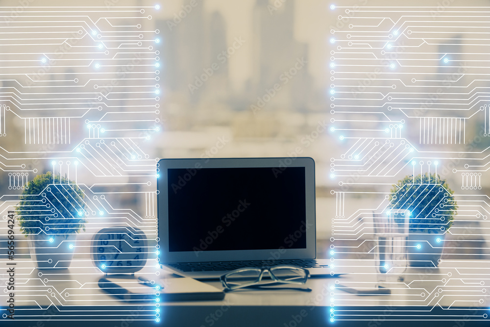 Poster computer on desktop in office with technology theme hologram. double exposure. tech concept.