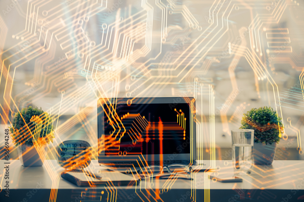 Aufkleber Computer on desktop in office with technology theme hologram. Double exposure. Tech concept.