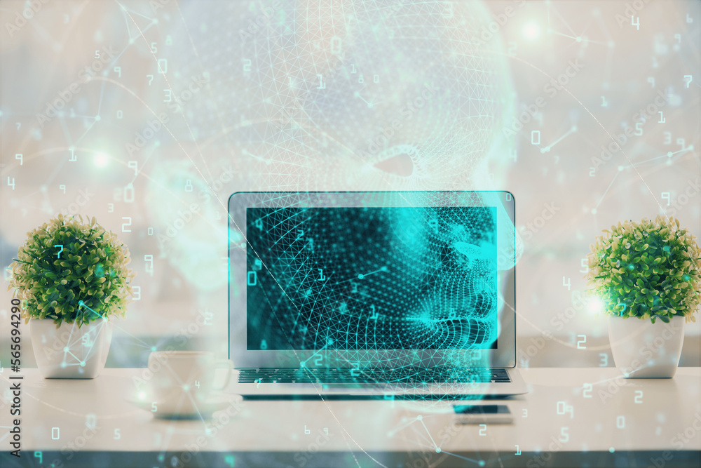 Poster double exposure of desktop with computer and brain drawing hologram. artificial intelligence concept