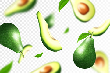 Avocado background. Flying whole, half and slices of fresh avocado. Unfocused and blurry effect. Can be used for wallpaper, banner, print, wrapping paper. Realistic 3d vector illustration.