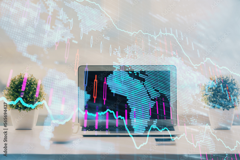 Aufkleber stock market graph on background with desk and personal computer. multi exposure. concept of financi
