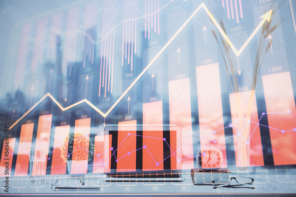Aufkleber stock market graph on background with desk and personal computer. multi exposure. concept of financi