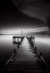Fototapeta premium Lonely Jetty Black and White Phtography Abstract Wall Art, Contemporary, high quality, posters, Printable decor, living room, minimalist, painting prints, office gift, modern, Generative AI