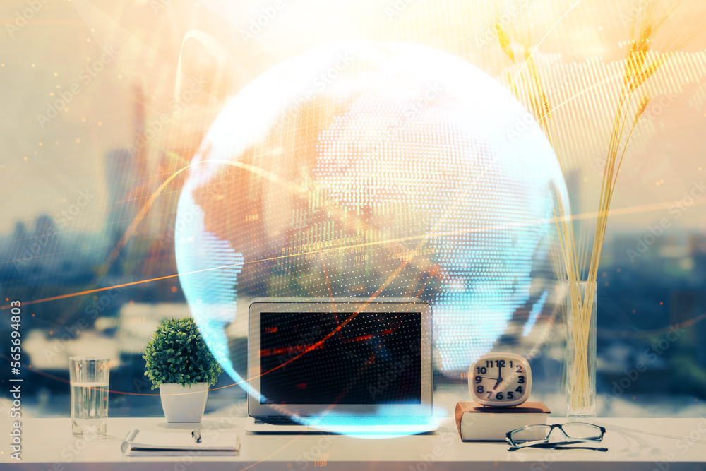 Poster double exposure of business theme icons and work space with computer background. concept of success.