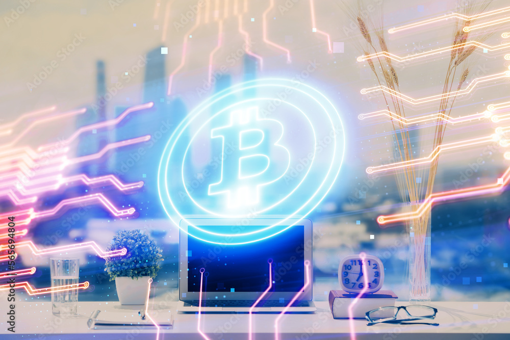 Leinwandbilder double exposure of blockchain and crypto economy theme hologram and table with computer background. 