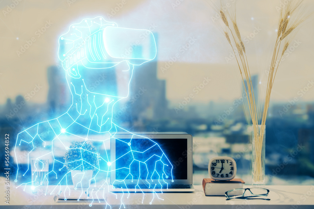 Poster Computer on desktop with AR theme icon. Multi exposure. Concept of augmented reality.