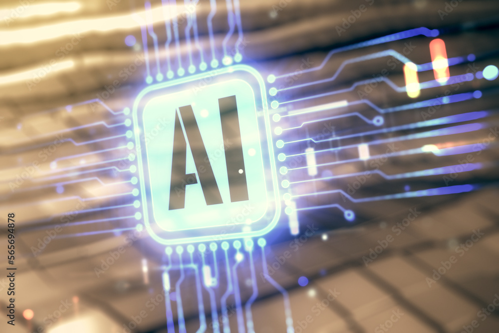 Aufkleber double exposure of creative artificial intelligence icon on blurry metal background. neural networks