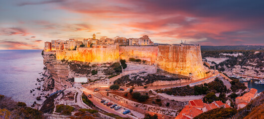 Landscape with Bonifacio town in Corsica island, France