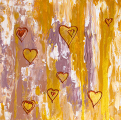 Drawing of bright small hearts on a gold golden yellow background. St Valentines. Picture contains interesting idea, evokes emotions, aesthetic pleasure. Canvas stretched. Concept art painting texture - 565694847