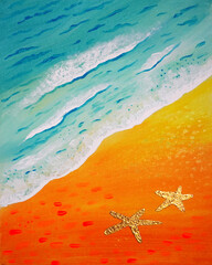 Drawing of bright hot day by the sea, two starfish made of gold, orange sand. Picture contains interesting idea, evokes emotions, aesthetic pleasure. Canvas stretched. Concept art painting texture - 565694865