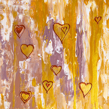 Drawing of bright small hearts on a gold golden yellow background. St Valentines. Picture contains interesting idea, evokes emotions, aesthetic pleasure. Canvas stretched. Concept art painting texture