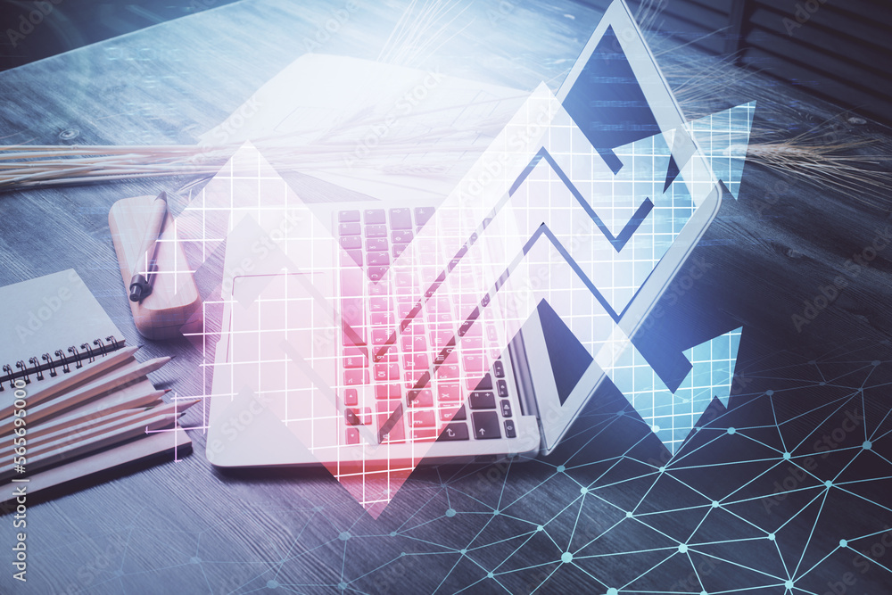 Aufkleber Computer on desktop with point up arrows hologram. Double exposure. Concept of success.