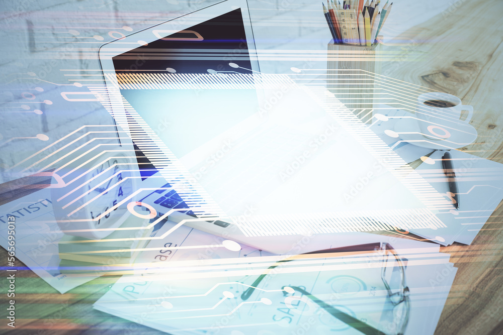 Poster Multi exposure of desktop with computer on background and tech theme drawing. Concept of big data.