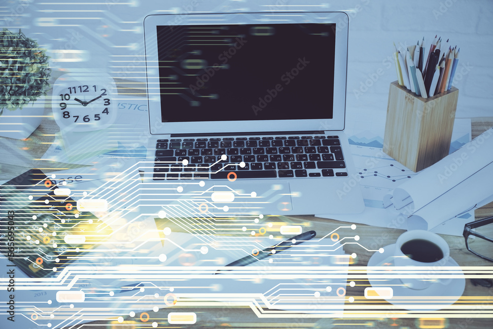 Aufkleber Multi exposure of desktop with computer on background and tech theme drawing. Concept of big data.