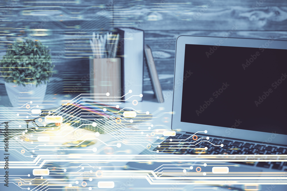 Poster Multi exposure of desktop with computer on background and tech theme drawing. Concept of big data.