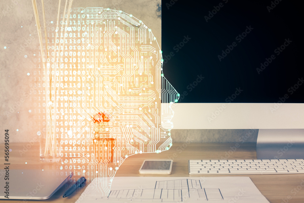 Aufkleber double exposure of desktop computer and human brain drawing hologram. ai concept.