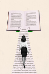 Vertical collage image of black white gamma girl walking big opened book text isolated on creative...