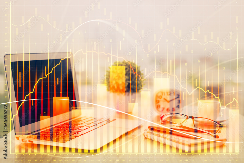 Poster stock market graph on background with desk and personal computer. multi exposure. concept of financi