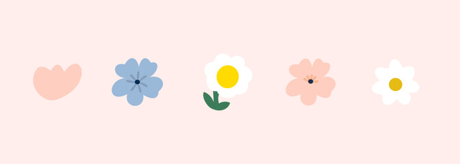 Set of flower illustration in various shape and color. Collection of cute floral for girls design element and ornament