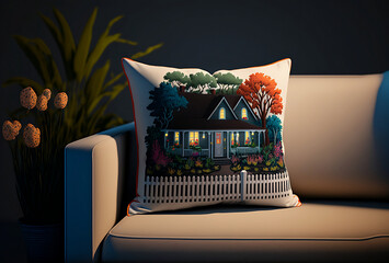 decorative pillow on couch with cross stitch of cozy house 