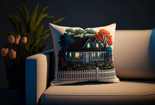 Decorative Pillow On Couch With Cross Stitch Of Cozy House 