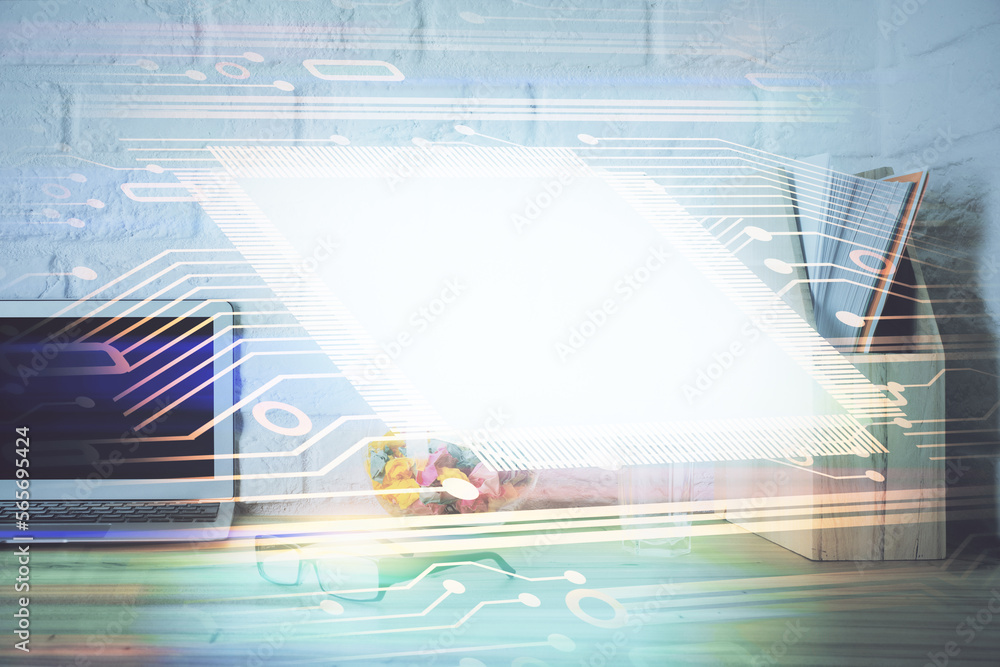 Poster Double exposure of desktop with personal computer on background and tech theme drawing. Concept of data analysis.