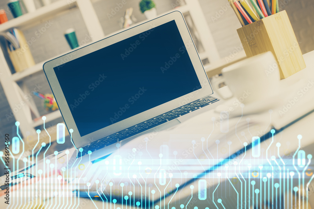 Poster Double exposure of desktop with personal computer on background and tech theme drawing. Concept of data analysis.