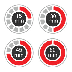 Timer icons set, four timer indicators from 15 to 60 minutes, vector illustration