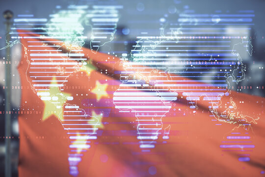Abstract creative world map interface on flag of China and blurry cityscape background, international trading concept. Multiexposure - Powered by Adobe