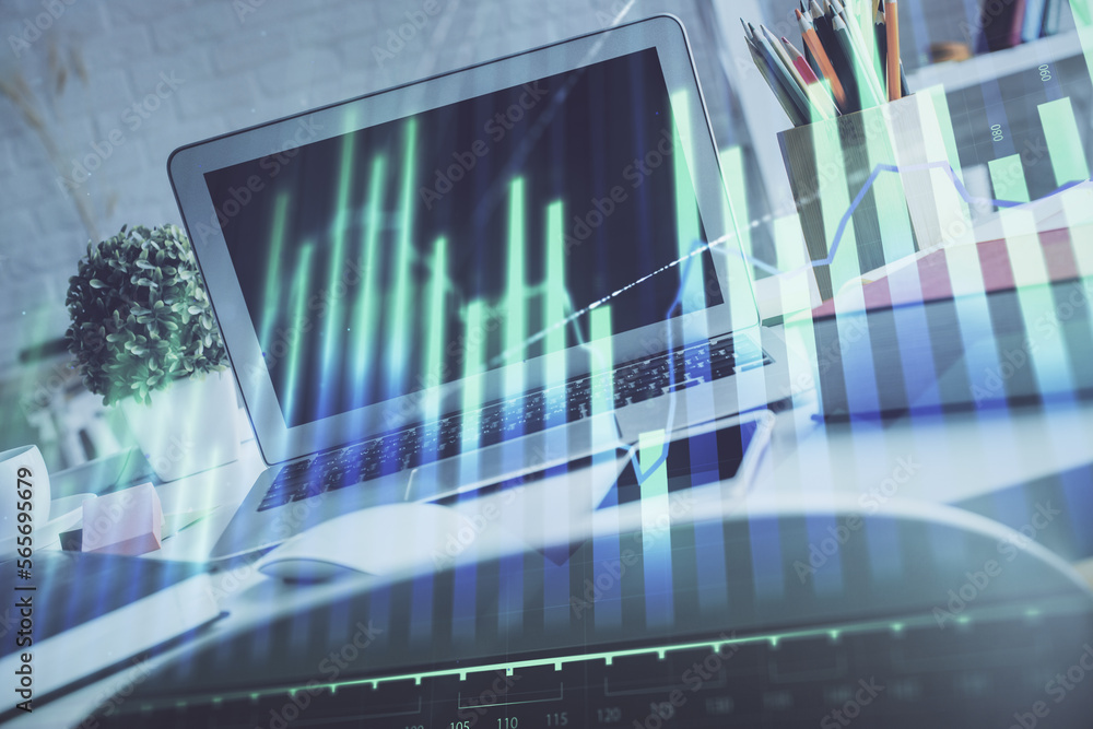 Aufkleber stock market graph on background with desk and personal computer. multi exposure. concept of financi