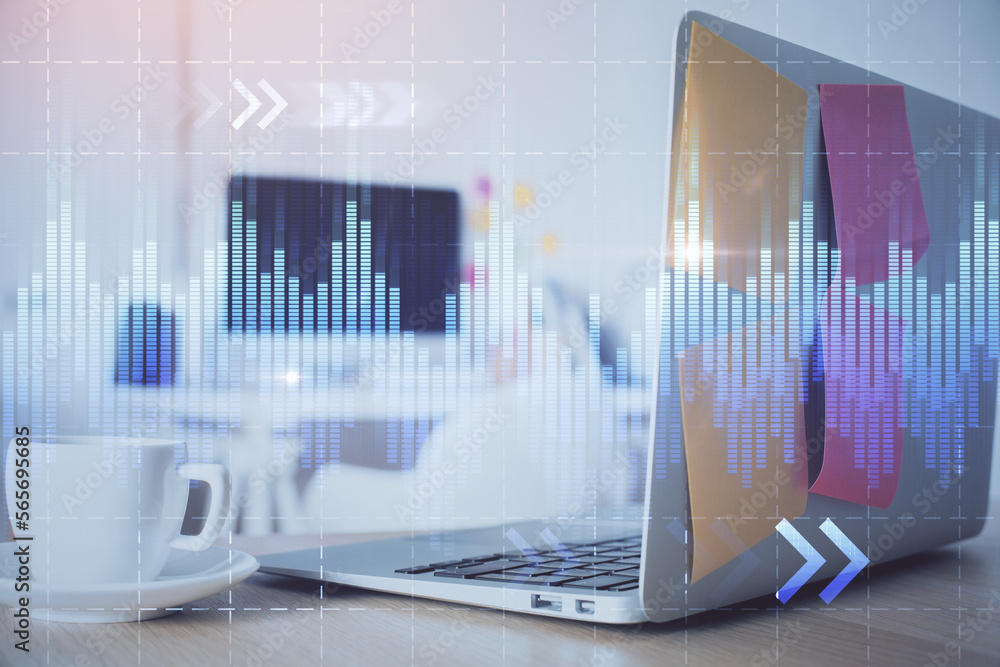 Poster stock market graph on background with desk and personal computer. multi exposure. concept of financi
