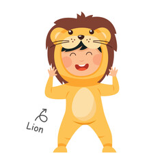 Happy child is wearing Lion animal costumes . Vector .