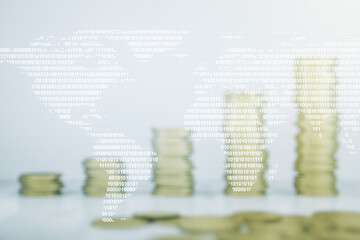 Multi exposure of abstract creative digital world map hologram on stacks of coins background, tourism and traveling concept