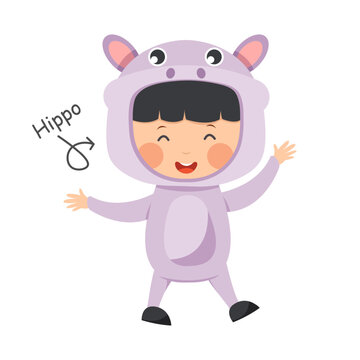 Happy child is wearing Hippopotamus animal costumes . Vector .