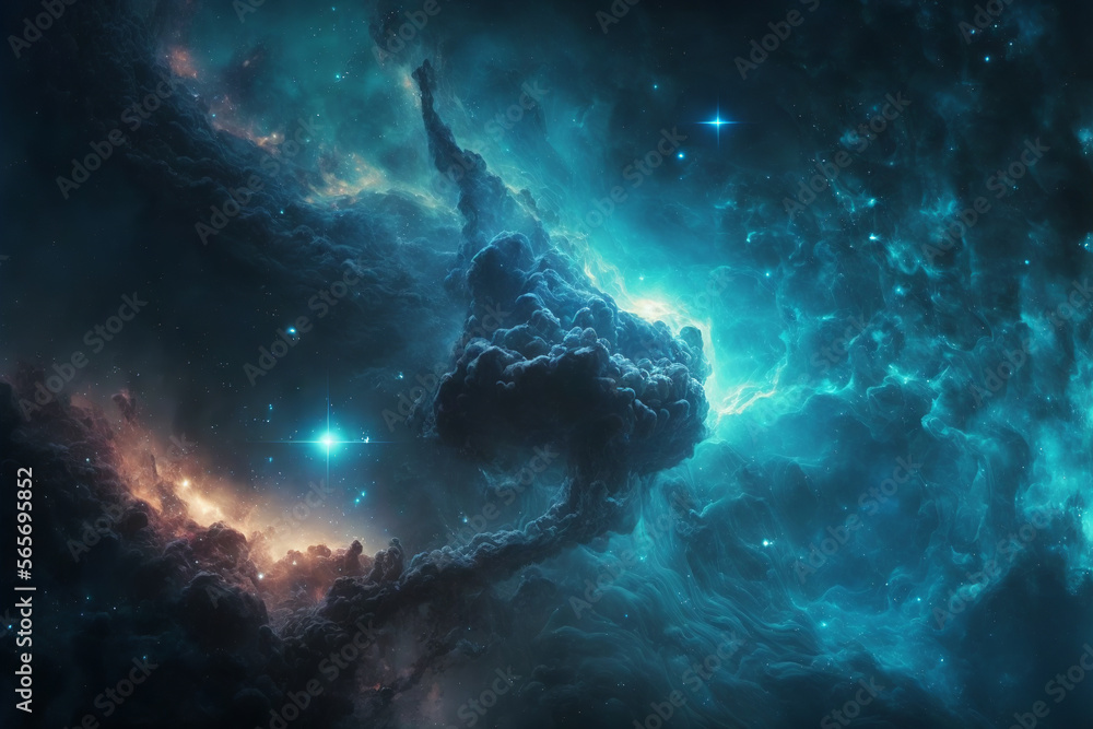 Leinwandbilder large view of a colorful dark blue nebula in space. cosmic background with bright shining stars, gal
