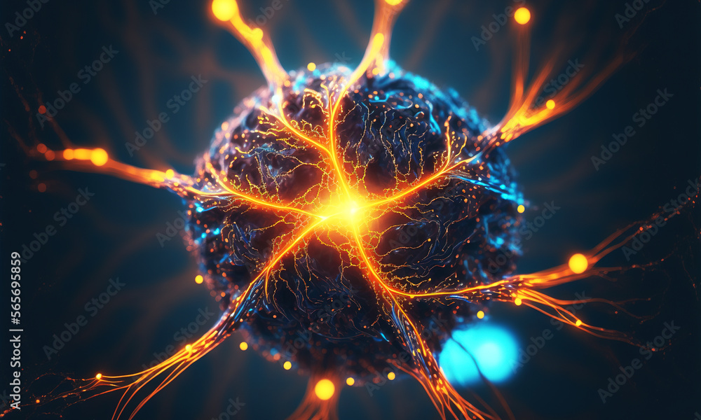 Fototapete Glowing brain background with neural links network. Illustration representing artificial intelligence neuronal activity. Generative AI