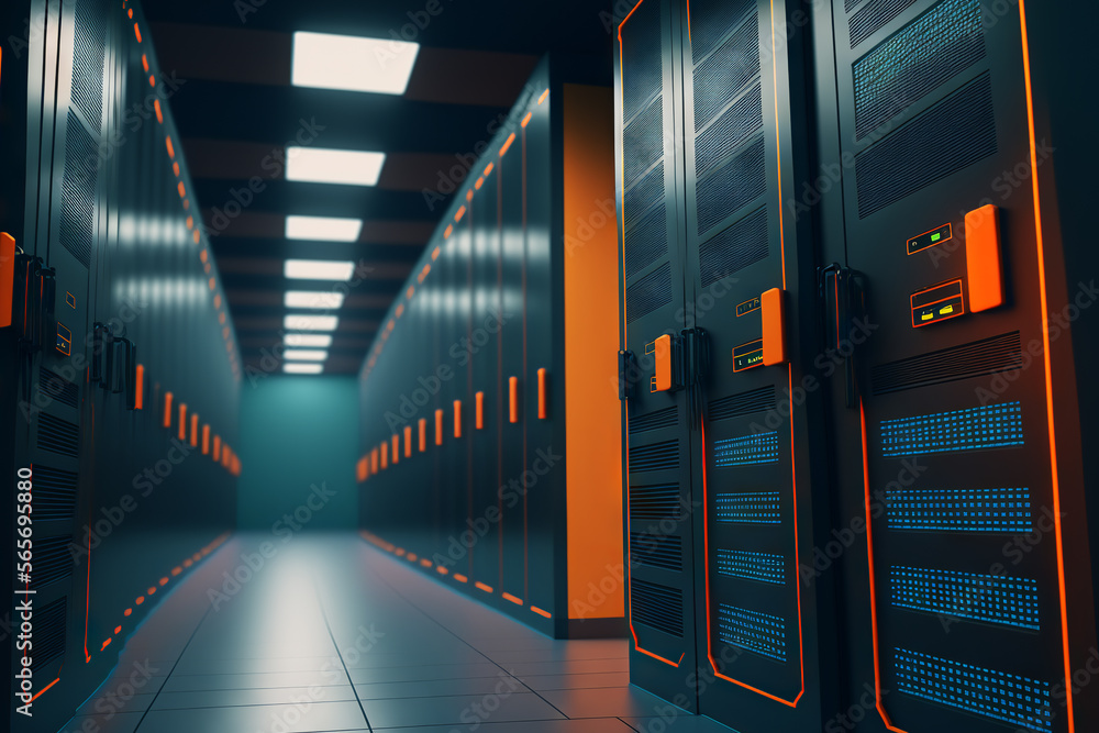 Aufkleber dark servers data center room with computers and storage systems and orange blue glowing elements. g