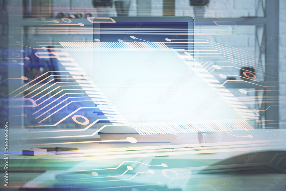 Poster Multi exposure of desktop computer and technology theme hologram. Concept of software development.