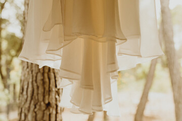 La robe de mariée suspendue dans la nature