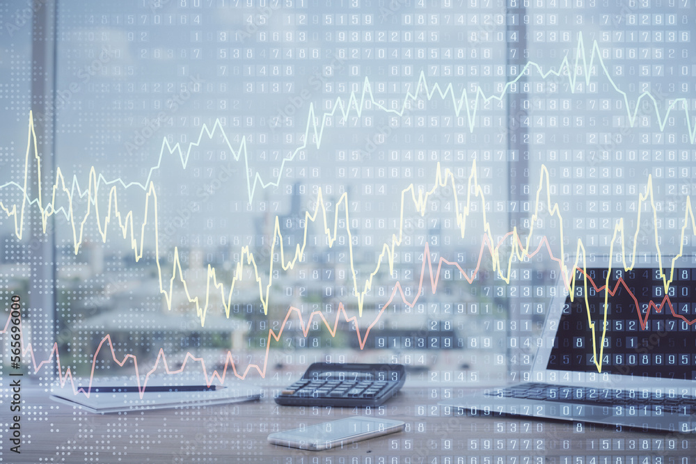 Aufkleber Stock market graph on background with desk and personal computer. Multi exposure. Concept of financial analysis.