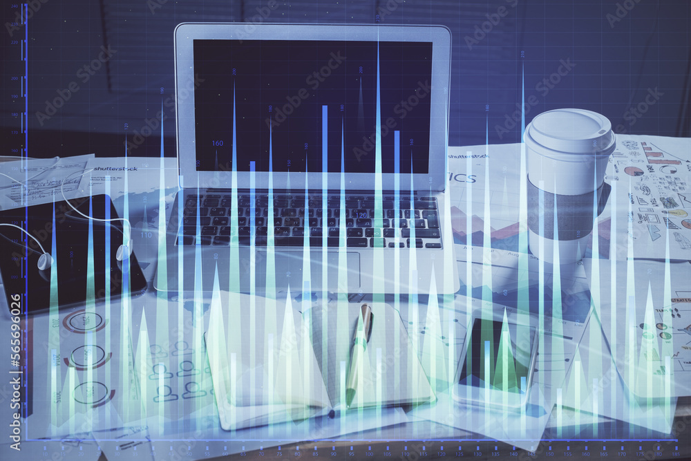 Poster Stock market graph on background with desk and personal computer. Multi exposure. Concept of financial analysis.