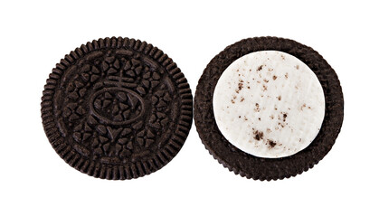 Chocolate cookie and cream isolated on white background. Top view