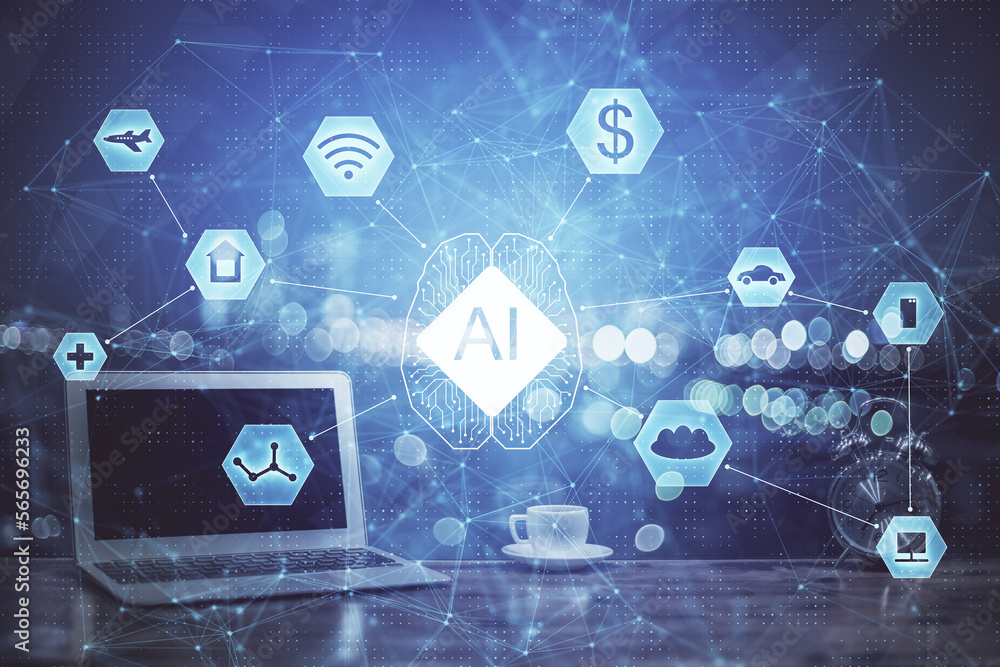 Poster Multi exposure of computer on background and technology theme drawing. Concept of innovation.