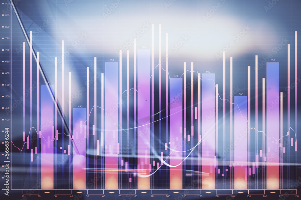 Poster Stock market graph on background with desk and personal computer. Multi exposure. Concept of financial analysis.