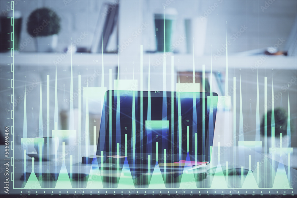 Poster Stock market graph on background with desk and personal computer. Multi exposure. Concept of financial analysis.
